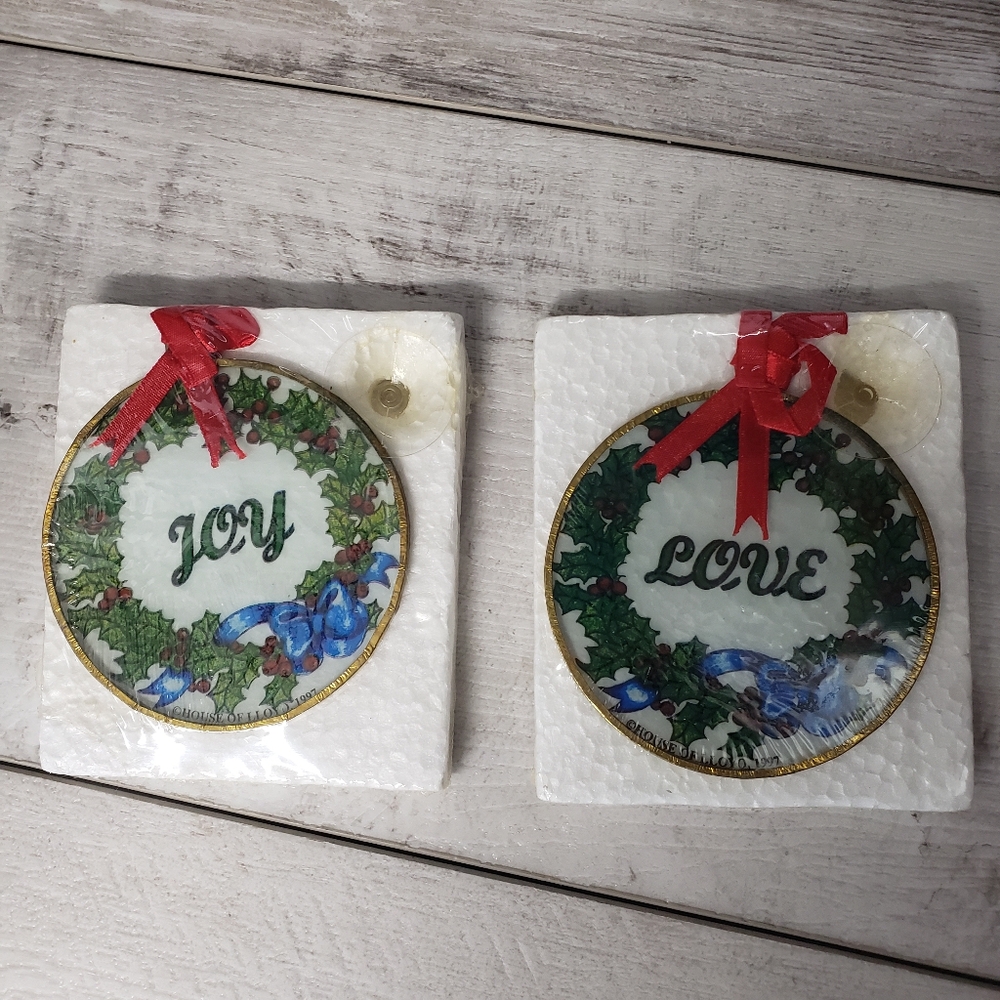House of Loyd 1997 Christmas Round Love Joy Ornaments or Window Cling Set of 2